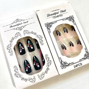 2-Pack Almond Press-On Nails – Polka Dot Mushrooms & Black Petal French